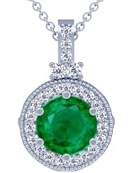 Platinum Round Cut Emerald And Round Diamond Pendant