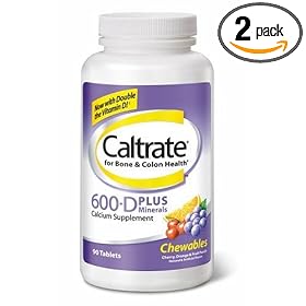 Caltrate 600 Plus D Calcium Supplement Chewable Tablets with Vitamin D and Minerals, Assorted Fruit Flavors, 90-Count Bottles (Pack of 2)