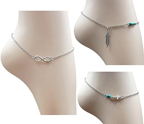 AmazingOS® 3 Pack Feather Beaded Anklets, Infinity Anklet Chain, Sideway Cross Foot Jewerly