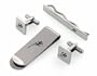 Stainless steel set of cufflinks, tie slide and money clip with cut out lizard pattern