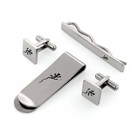 Stainless steel set of cufflinks, tie slide and money clip with cut out lizard... by