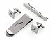 Stainless steel set of cufflinks, tie slide and money clip with cut out lizard pattern