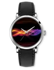 SPRAWL Aanalog Fashion Series Silver Ladies Watches of Genuine Black Leather Strap,Unique Wrist Watch for Women Girls Designed with Orange and purple waves dark background