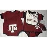 Texas AM Aggies NCAA Infants / Babys / Kids Brown and Black Creeper, White Bib, and Bootie Set