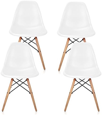 Set of 4 Eames Style DSW Molded White Plastic Shell Chair with Wood Eiffel Legs
