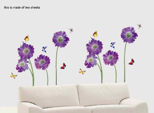 O'plaza ® Purple Violet Flowers with Butterflies Nature Scenery Wall Sticker/decals/decor Wallpaper wall art Mural Art Decor