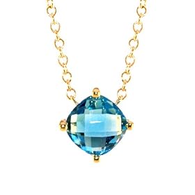 14k Yellow Gold Cushion Cut Briollette Blue Topaz Solitaire Necklace by