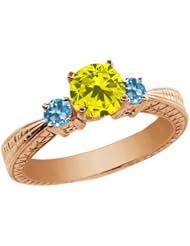 1.10 Ct Round Canary Diamond Swiss Blue Topaz 18K Rose Gold 3-Stone Ring