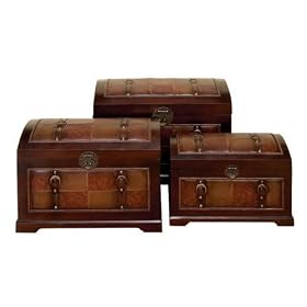 Set 3 Monarch Brown Leather N Wood Chest Trunks