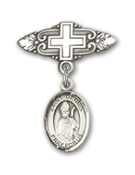 Sterling Silver Baby Badge with St. Dennis Charm and Badge Pin with Cross
