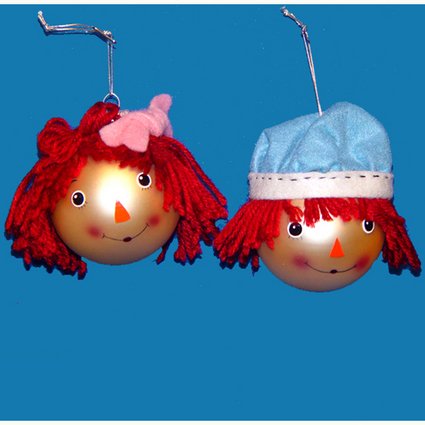 Kurt Adler Raggedy Ann and Andy Glass Heads Christmas Ornament Set