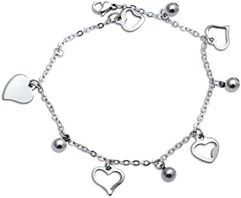 FR Womens Stainless Steel Chain Bracelet Love Heart Charms,Length 7.41 Inches