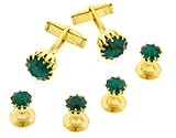 Gold plated and green crystal cufflinks and shirt stud formal set with presentation box. Made in the USA