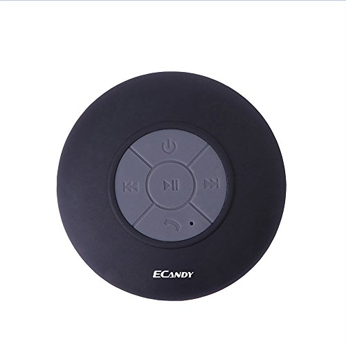 Ecandy Bluetooth Shower Speaker, Water Resistant, Hands Free Portable Speakerphone with Built-in Mic, 6 Hours of Playtime, Bluetooth 3.0, Control Buttons and Dedicated Suction Cup for Showers, Bathroom, Pool, Boat, Car, Beach, and Outdoor Use (Black)