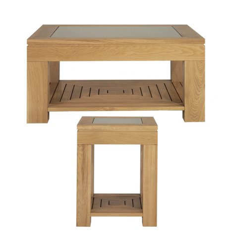 Oak and Glass Coffee and Side Table Set