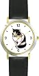 Black and White Cat - WATCHBUDDY&reg; DELUXE TWO-TONE THEME WATCH - Arabic Numbers - Black Leather Strap-Women's Size-Small