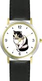 Black and White Cat - WATCHBUDDY&reg; DELUXE TWO-TONE THEME WATCH - Arabic Numbers - Black Leather Strap-Women's Size-Small