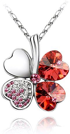 Crimson Red Crystal Four Leaf Clover Shamrock Pendant Necklace Made With Swarovski Elements