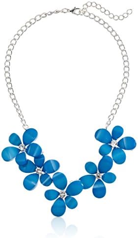Royal Blue Cabochon Floral with Crystal Accents Statement Necklace, 16.5" + 3" Extender