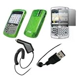 EMPIRE - Premium Neon Green Soft Silicone Gel Skin Cover Thermoplastic Polyurethane (TPU) Case + Crystal Clear Screen Protector + Rapid Car Charger + USB Data Sync Charge Cable for BlackBerry Curve 8300, 8310, 8320, 8330