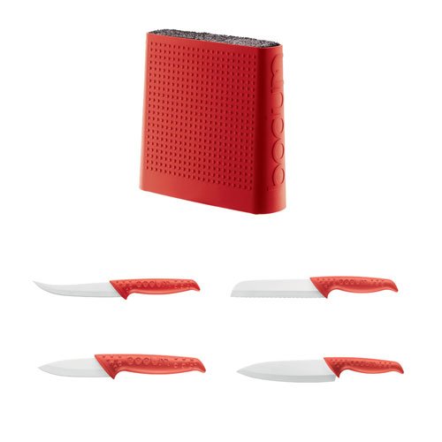 Bodum 5 Piece Ceramic Knife Set with Block -- Red