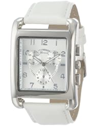 Geneva Womens 2377-A-GEN Silver-Tone and White Faux Leather Square Oversized Boyfriend Watch