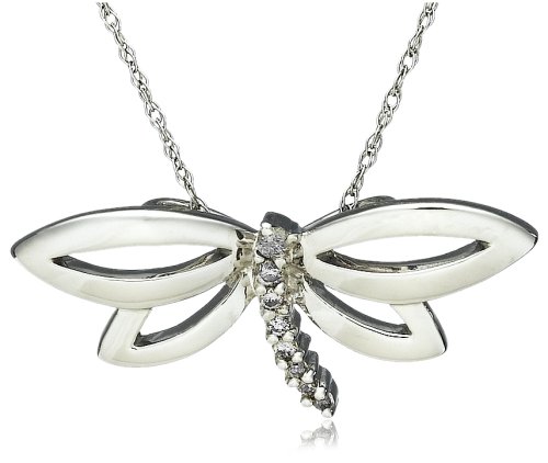 10k White Gold Diamond Dragonfly Pendant (I-J Color, I3 Clarity), 18