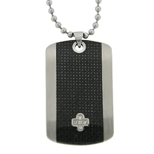 Stainless Steel Dog Tag Cross Pendant with Diamond-Accent and Carbon Fiber, 22