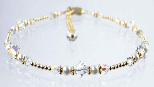 April Diamond Birthstone Crystal Beaded Anklets: Swarovski Crystal Birthstone Jewelry. Adjustable 14K Gold Filled Ankle Bracelets