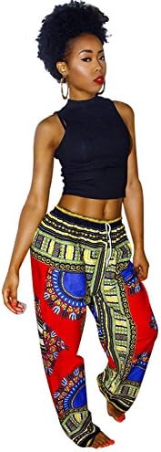 Womens Dashiki Drawstring Waist Trousers Bohemian Wide leg Lounge Pants (X-Large, Red+Blue)