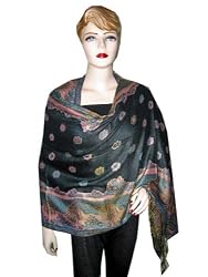 Dark Black Floral Pashmina Shawl,wrap Throw Reversible 80"x28"