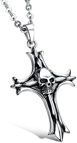 Large Stainless Steel Skull Cross Pendant Biker Mens Necklace, 24 inch Chain