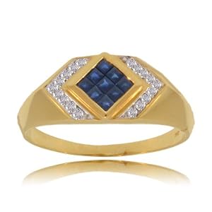New Yellow Gold Men's Ring W Blue Sapphire & Diamonds