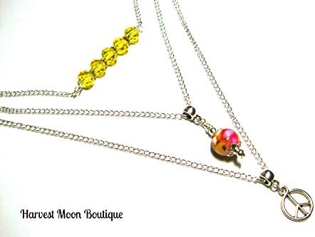 Peace Out Hippy Multi-Strand Necklace Multi-Layer Crystal and Mother of Pearl Beaded BOHO Handmade by Artisan Angie Pinkal Gift Wrapping Available