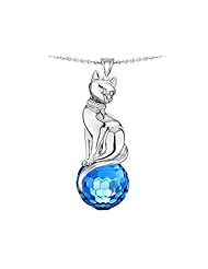 Original Star K (tm) Large Cat Pendant with 10mm Simulated Blue Topaz faceted Ball in 925 Sterling Silver