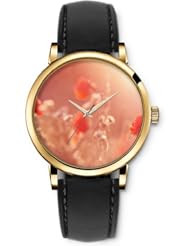 SPRAWL Aanalog Fashion Series Gold Ladies Watches of Genuine Black Leather Strap,Unique Wrist Watch for Women Girls Designed with Blurred scenery Flowers