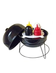 Barbeque Grill Shaped Mustard Ketchup Salt & Pepper shaker Condiment caddy Set (Black)