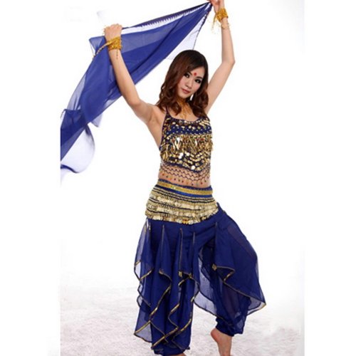 Micromall(TM) Professional Sexy Belly Dance Suit Costume Chiffon Handmade Sequins Belly Dance Waist Chain Hip Scarf + Skirts Pants+ Upper Costume Deep Blue