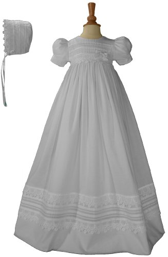 White Cotton Christening Baptism Gown with Pin Tucking & Lace and Bonnet