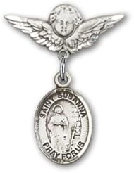 Sterling Silver Baby Badge with St. Susanna Charm and Angel with Wings Badge Pin