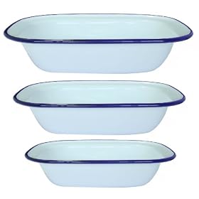 Lets Cook Pie Dish Set, Traditional Enamelled White with Blue Rolled Rims, (Set Large)