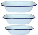 Lets Cook Pie Dish Set, Traditional Enamelled White with Blue Rolled Rims, (Set Large)