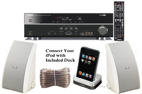 Yamaha 3D-Ready 5.1-Channel 500 Watts Digital Home Theater Audio/Video Receiver + Yamaha Universal iPod Dock + Set of 2 Yamaha All Weather Indoor / Outdoor 120 watt Wall Mountable Natural Sound 2-way Acoustic Suspension Speakers - White + 100ft 16 AWG Spe Yamaha 3D-Ready 5.1-Channel 500 Watts Digital Home Theater Audio/Video Receiver + Yamaha Universal iPod Dock + Set of 2 Yamaha All Weather Indoor / Outdoor 120 watt Wall Mountable Natural Sound 2-way Acoustic Suspension Speakers - White + 100ft 16 AWG Spe