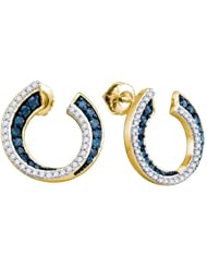 10K Yellow Gold 0.75CT Blue & White Round Cut Diamond Horse Shoe Fashion Earring