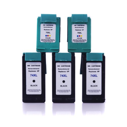 Hp 74xl Cb336wn & Hp 75xl Cb338wn Remanufactured Ink Cartridge (3 Black & 2 Color) 5 Pack for Hp Photosmart Series Printer