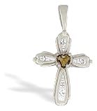 14K White Gold Genuine Heart Smoky Quartz and Diamond Cross Pendant