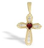 14K Yellow Gold Genuine Heart Garnet and Diamond Cross Pendant