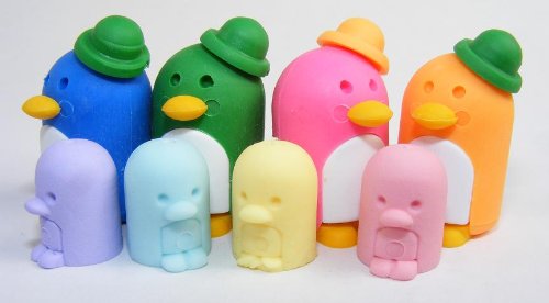 Authentic Japanese Puzzle Erasers Penguin Family of 8 (4 Adult Penguins and 4 Baby Penguins). Cute!!