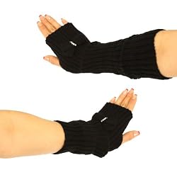 Knit Arm Warmer Fingerless Bow Crystals Gloves Black