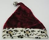 Sexy Plush Santa Hat with Animal Print Trim - Brown/Black Leopard Spots on White Faux Fur